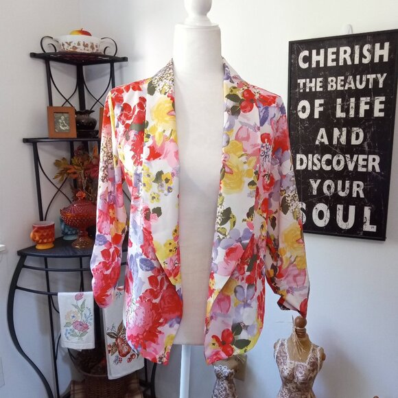 Auline Collection Large Women's White Floral Open Front Cardigan Blouse Blazer - Picture 1 of 7